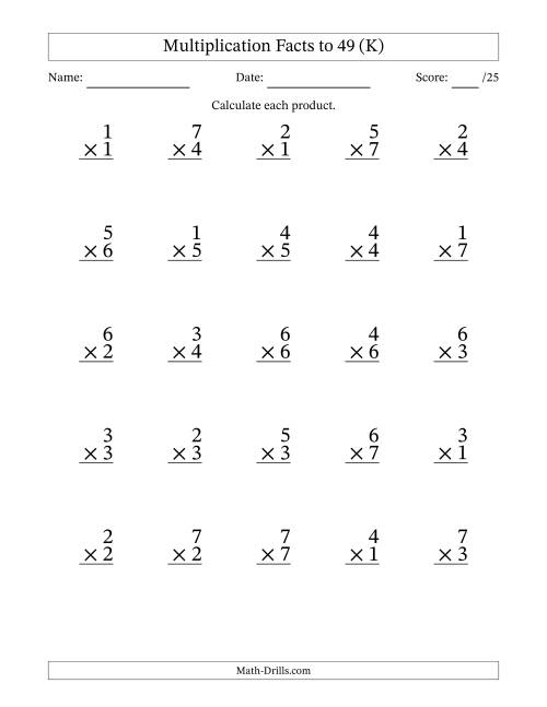 The Multiplication Facts to 49 (25 Questions) (No Zeros) (K) Math Worksheet