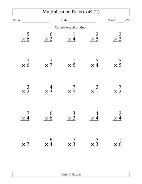 The Multiplication Facts to 49 (25 Questions) (No Zeros) (L) Math Worksheet