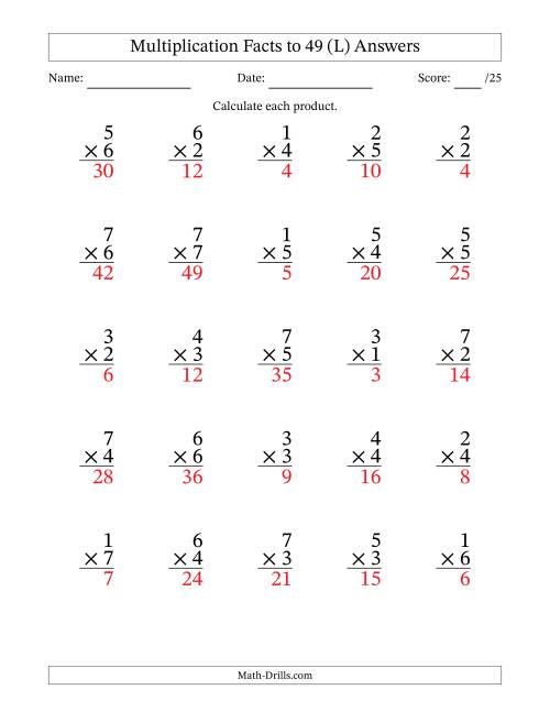 The Multiplication Facts to 49 (25 Questions) (No Zeros) (L) Math Worksheet Page 2