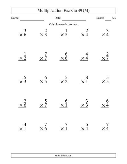 The Multiplication Facts to 49 (25 Questions) (No Zeros) (M) Math Worksheet