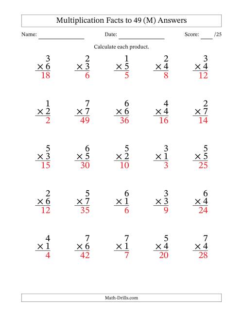 The Multiplication Facts to 49 (25 Questions) (No Zeros) (M) Math Worksheet Page 2