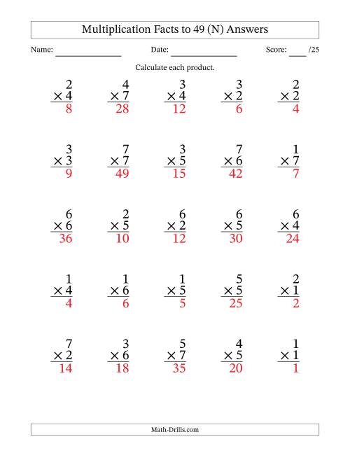 The Multiplication Facts to 49 (25 Questions) (No Zeros) (N) Math Worksheet Page 2