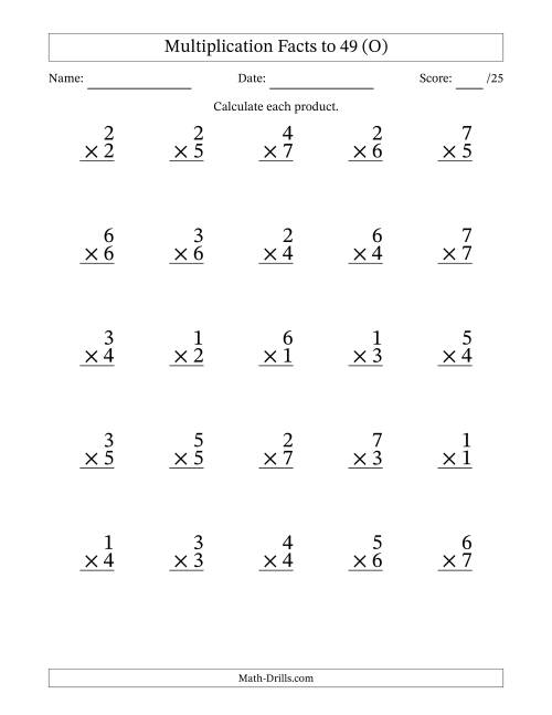 The Multiplication Facts to 49 (25 Questions) (No Zeros) (O) Math Worksheet