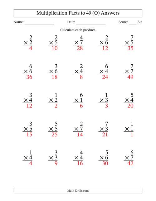 The Multiplication Facts to 49 (25 Questions) (No Zeros) (O) Math Worksheet Page 2