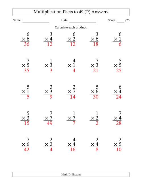 The Multiplication Facts to 49 (25 Questions) (No Zeros) (P) Math Worksheet Page 2
