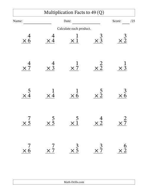 The Multiplication Facts to 49 (25 Questions) (No Zeros) (Q) Math Worksheet