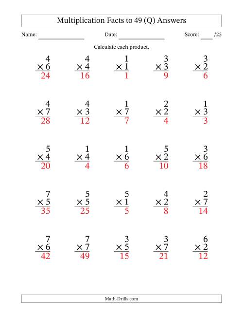 The Multiplication Facts to 49 (25 Questions) (No Zeros) (Q) Math Worksheet Page 2