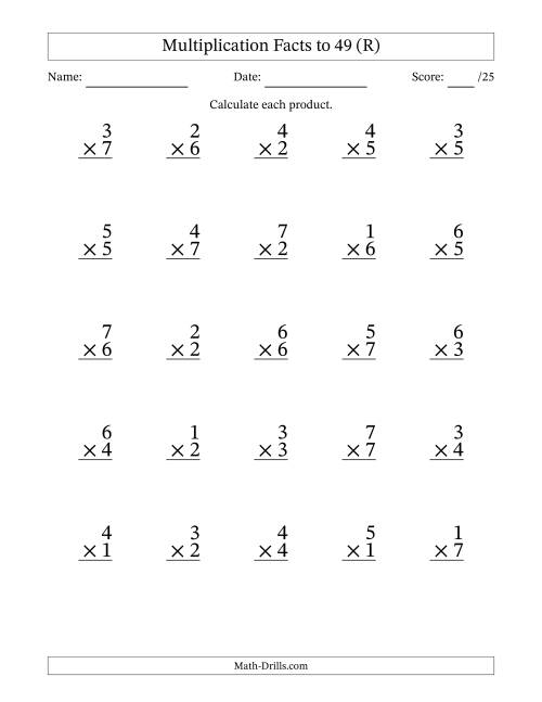 The Multiplication Facts to 49 (25 Questions) (No Zeros) (R) Math Worksheet