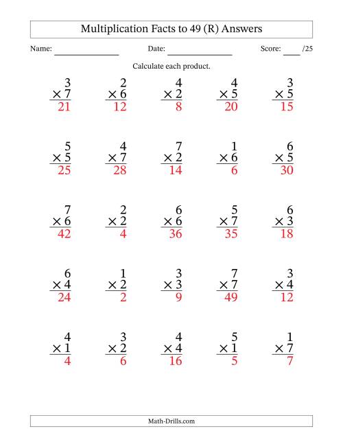 The Multiplication Facts to 49 (25 Questions) (No Zeros) (R) Math Worksheet Page 2