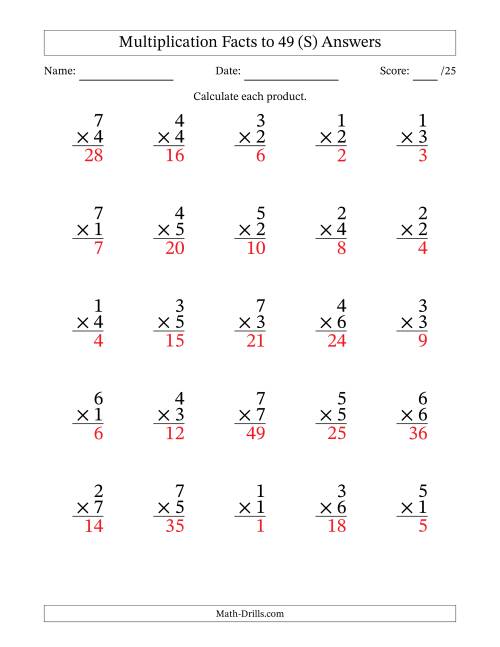 The Multiplication Facts to 49 (25 Questions) (No Zeros) (S) Math Worksheet Page 2