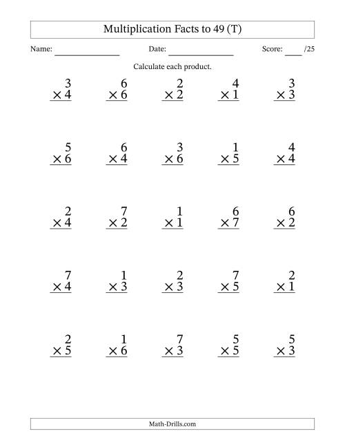 The Multiplication Facts to 49 (25 Questions) (No Zeros) (T) Math Worksheet
