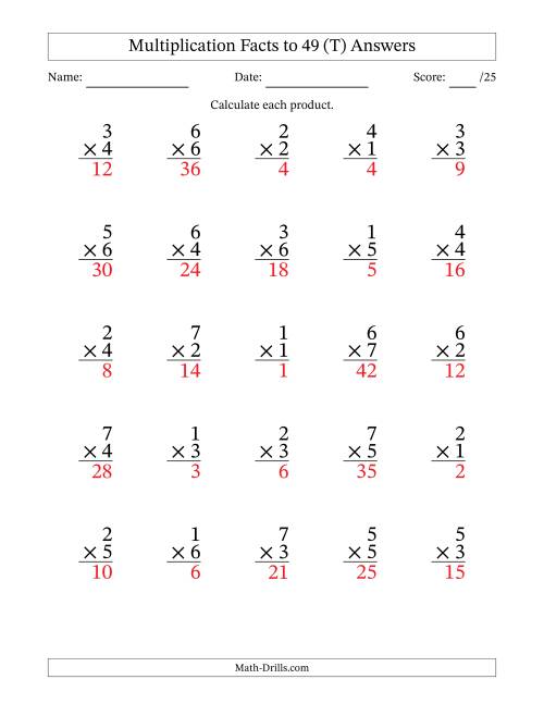 The Multiplication Facts to 49 (25 Questions) (No Zeros) (T) Math Worksheet Page 2