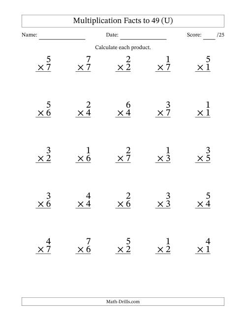 The Multiplication Facts to 49 (25 Questions) (No Zeros) (U) Math Worksheet