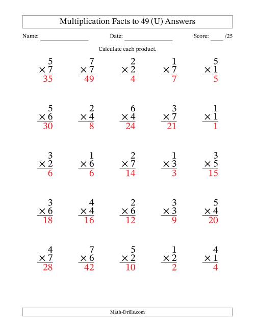 The Multiplication Facts to 49 (25 Questions) (No Zeros) (U) Math Worksheet Page 2