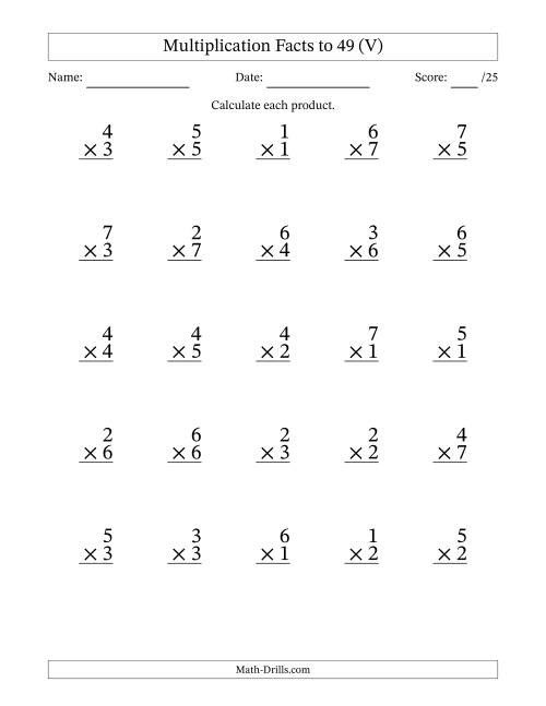 The Multiplication Facts to 49 (25 Questions) (No Zeros) (V) Math Worksheet