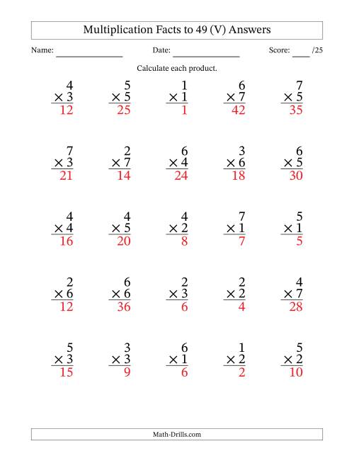The Multiplication Facts to 49 (25 Questions) (No Zeros) (V) Math Worksheet Page 2