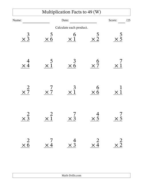 The Multiplication Facts to 49 (25 Questions) (No Zeros) (W) Math Worksheet