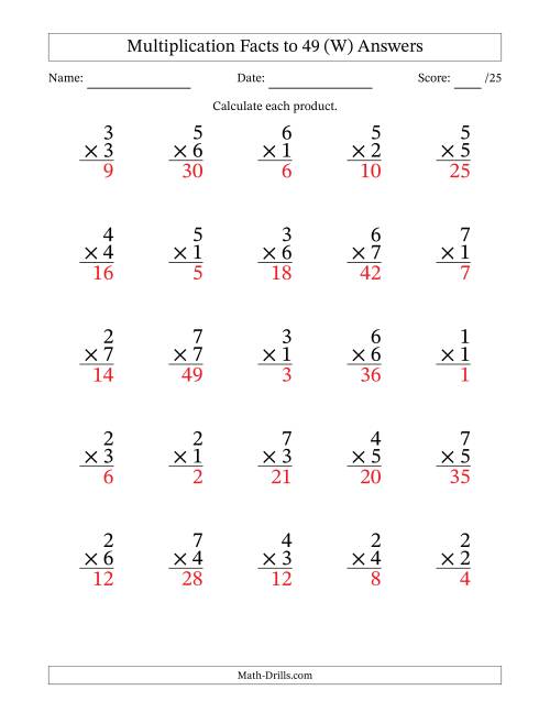 The Multiplication Facts to 49 (25 Questions) (No Zeros) (W) Math Worksheet Page 2