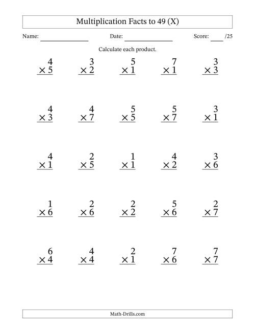 The Multiplication Facts to 49 (25 Questions) (No Zeros) (X) Math Worksheet