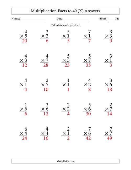 The Multiplication Facts to 49 (25 Questions) (No Zeros) (X) Math Worksheet Page 2