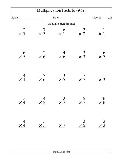 The Multiplication Facts to 49 (25 Questions) (No Zeros) (Y) Math Worksheet