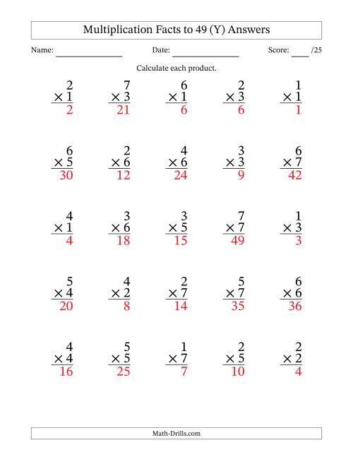 The Multiplication Facts to 49 (25 Questions) (No Zeros) (Y) Math Worksheet Page 2