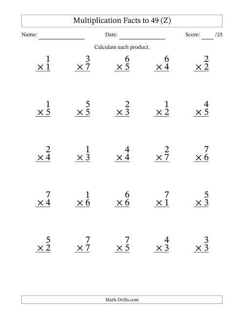 The Multiplication Facts to 49 (25 Questions) (No Zeros) (Z) Math Worksheet