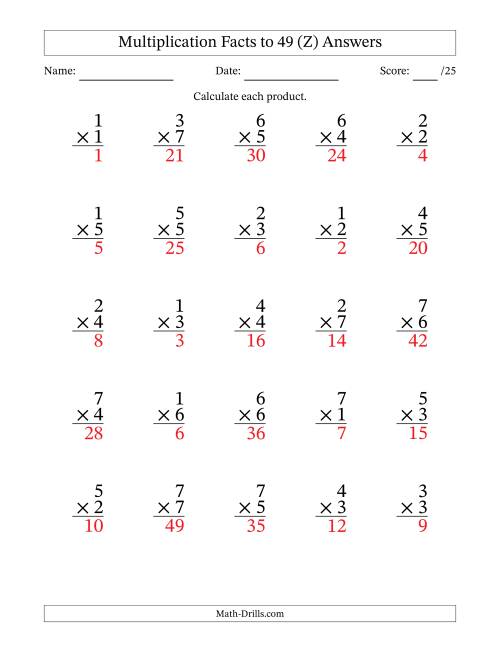 The Multiplication Facts to 49 (25 Questions) (No Zeros) (Z) Math Worksheet Page 2