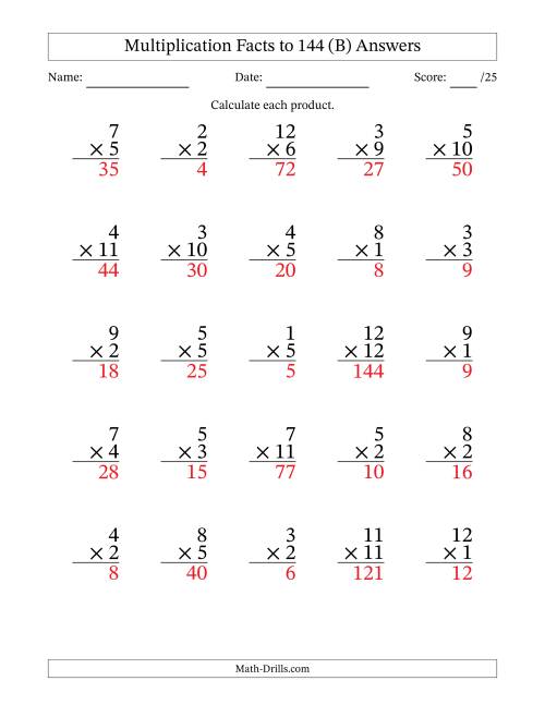 The Multiplication Facts to 144 (25 Questions) (No Zeros) (B) Math Worksheet Page 2