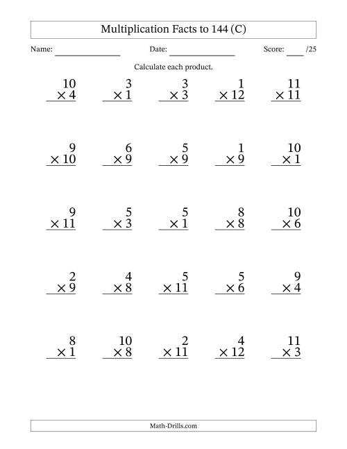 The Multiplication Facts to 144 (25 Questions) (No Zeros) (C) Math Worksheet