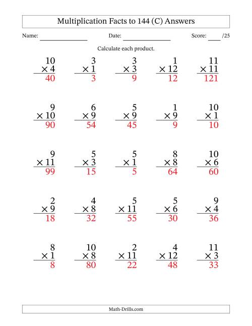 The Multiplication Facts to 144 (25 Questions) (No Zeros) (C) Math Worksheet Page 2