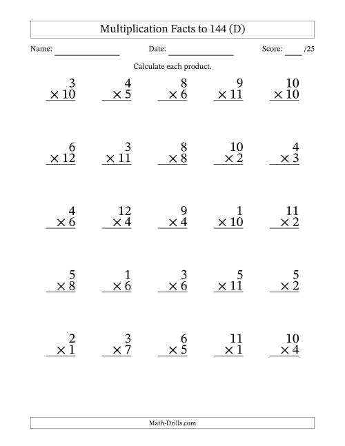 The Multiplication Facts to 144 (25 Questions) (No Zeros) (D) Math Worksheet