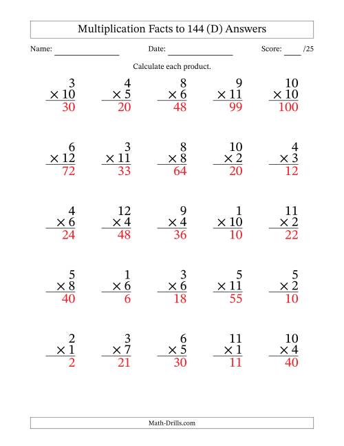 The Multiplication Facts to 144 (25 Questions) (No Zeros) (D) Math Worksheet Page 2