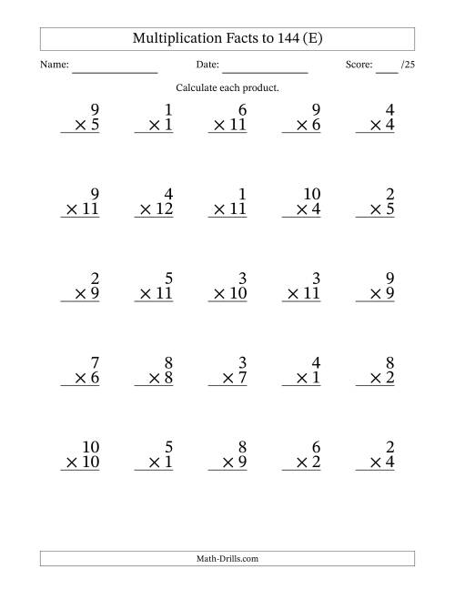 The Multiplication Facts to 144 (25 Questions) (No Zeros) (E) Math Worksheet