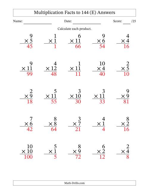 The Multiplication Facts to 144 (25 Questions) (No Zeros) (E) Math Worksheet Page 2