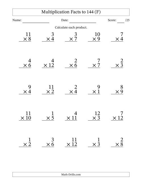 The Multiplication Facts to 144 (25 Questions) (No Zeros) (F) Math Worksheet