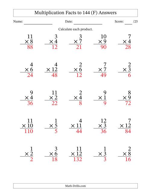 The Multiplication Facts to 144 (25 Questions) (No Zeros) (F) Math Worksheet Page 2