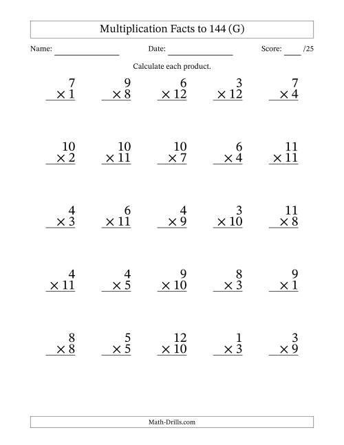 The Multiplication Facts to 144 (25 Questions) (No Zeros) (G) Math Worksheet