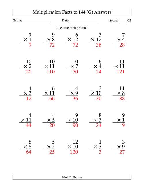 The Multiplication Facts to 144 (25 Questions) (No Zeros) (G) Math Worksheet Page 2