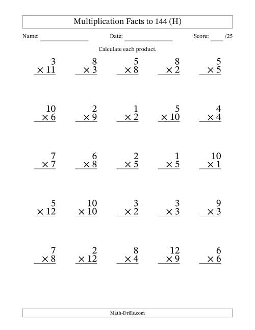 The Multiplication Facts to 144 (25 Questions) (No Zeros) (H) Math Worksheet