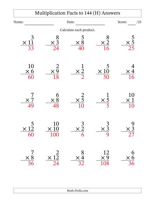 The Multiplication Facts to 144 (25 Questions) (No Zeros) (H) Math Worksheet Page 2