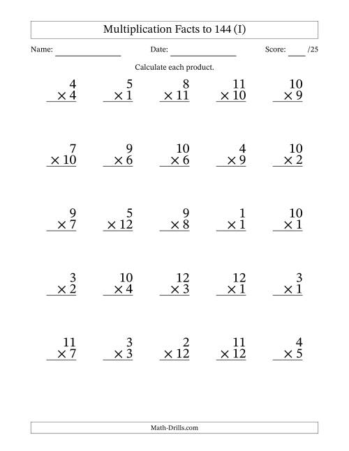 The Multiplication Facts to 144 (25 Questions) (No Zeros) (I) Math Worksheet