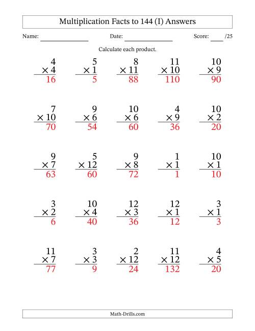 The Multiplication Facts to 144 (25 Questions) (No Zeros) (I) Math Worksheet Page 2