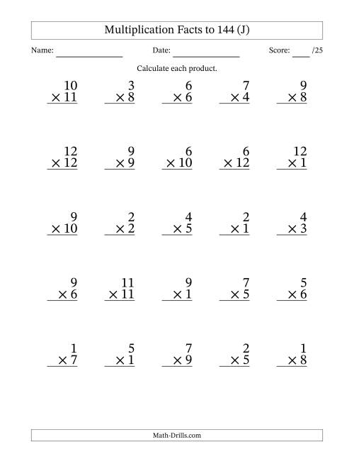 The Multiplication Facts to 144 (25 Questions) (No Zeros) (J) Math Worksheet