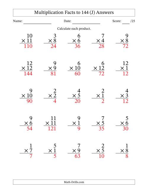 The Multiplication Facts to 144 (25 Questions) (No Zeros) (J) Math Worksheet Page 2