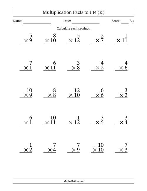 The Multiplication Facts to 144 (25 Questions) (No Zeros) (K) Math Worksheet