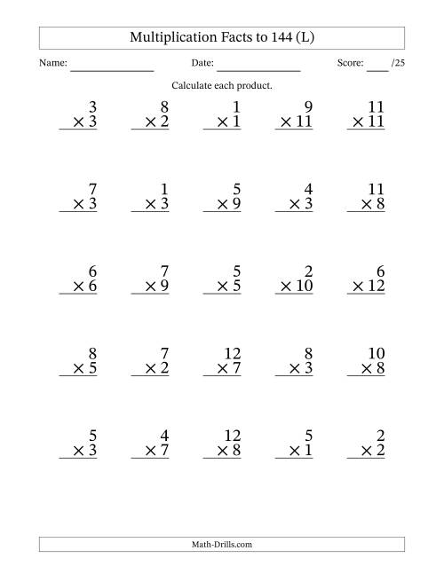 The Multiplication Facts to 144 (25 Questions) (No Zeros) (L) Math Worksheet