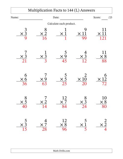 The Multiplication Facts to 144 (25 Questions) (No Zeros) (L) Math Worksheet Page 2