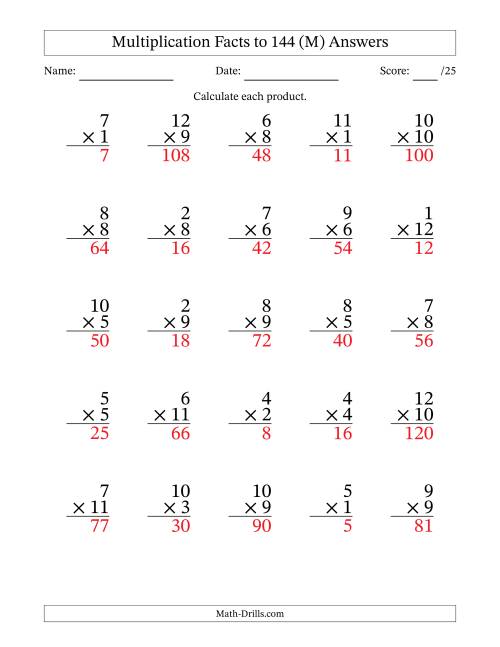 The Multiplication Facts to 144 (25 Questions) (No Zeros) (M) Math Worksheet Page 2