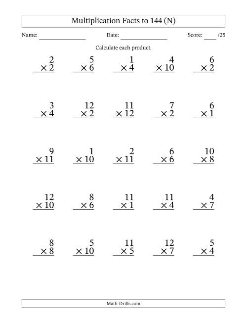 The Multiplication Facts to 144 (25 Questions) (No Zeros) (N) Math Worksheet